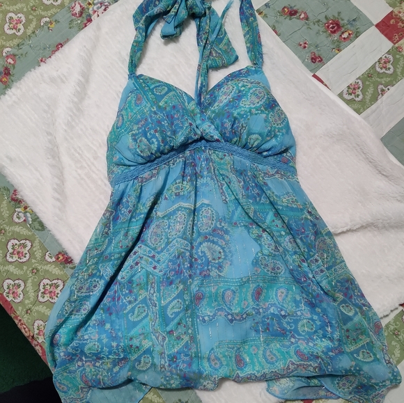 Vintage Jordache Juniors' Blue Paisley Metallic Tie Neck Bra Tank- Size XL 15/17 - Picture 4 of 12
